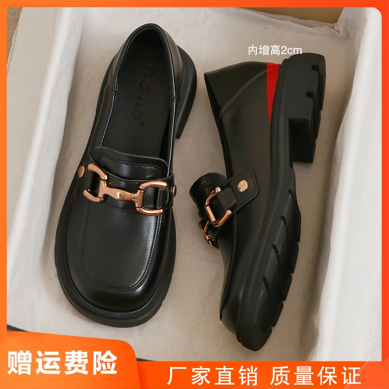 内增高小皮鞋女2025新款春秋季英伦风黑色厚底正装34码面试乐福鞋