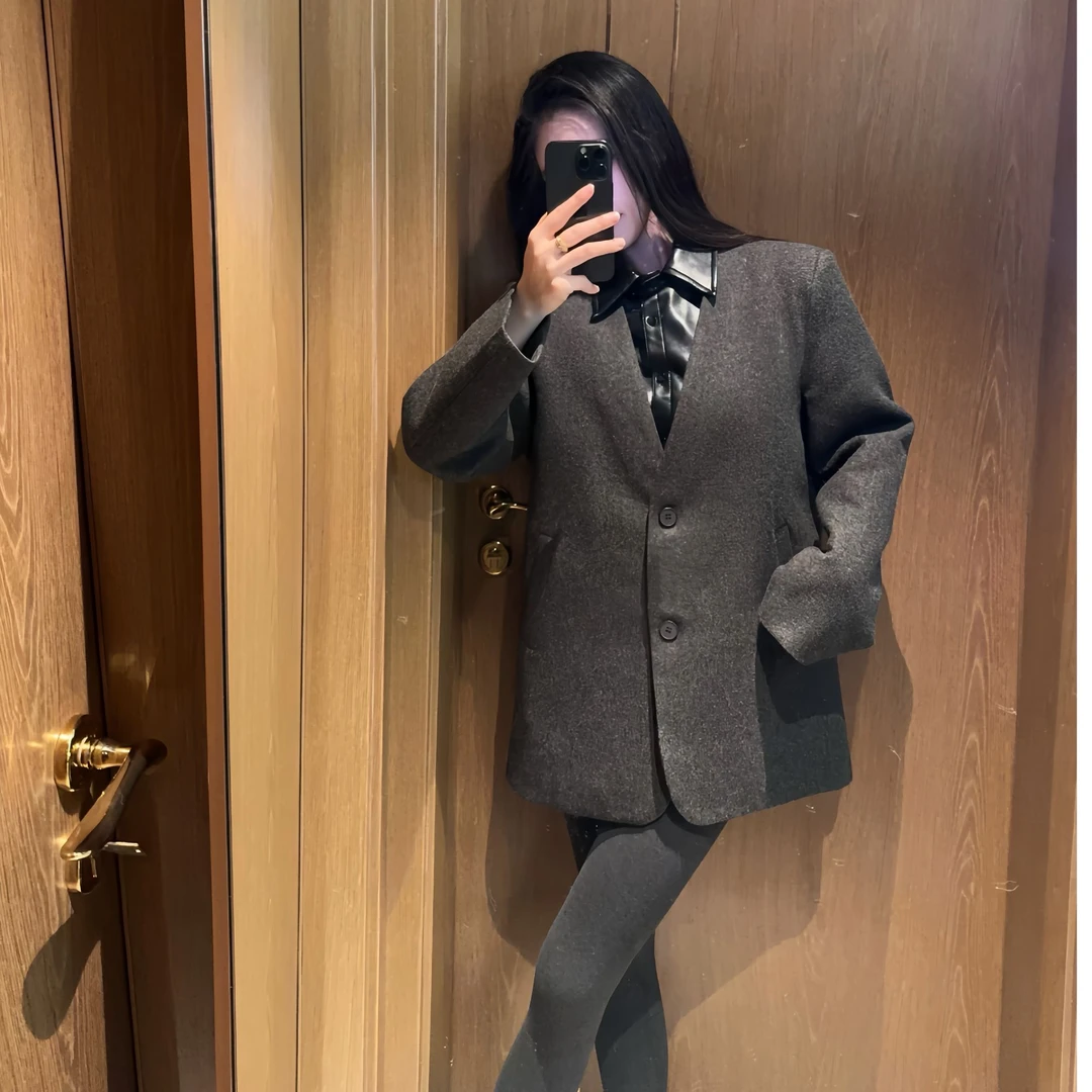 【小心姬】气质轻奢时尚秋冬夹羽西装拼皮外套