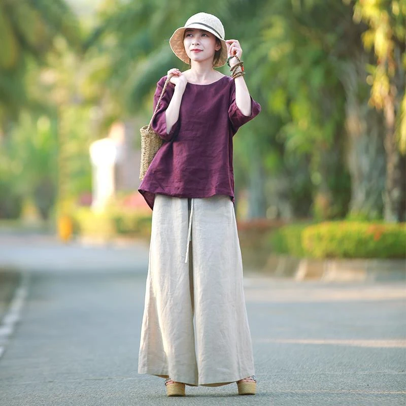 亚麻阔腿裤女高腰垂感宽松夏季穿搭新薄款休闲女装复古棉麻长裤子