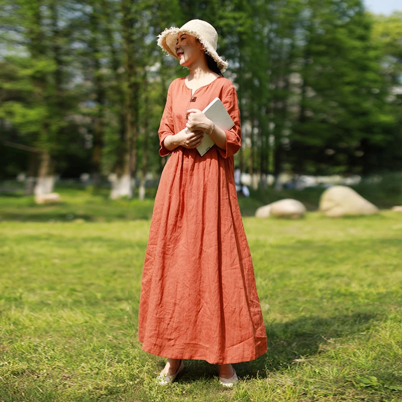 大码连衣裙女秋季高端亚麻长款中国风复古宽松文艺手绣民族风长裙