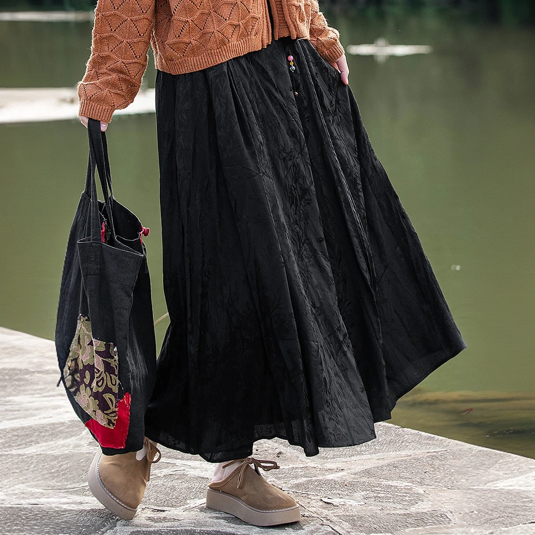 春秋双层黑色提花半身裙中式复古改良马面裙流苏装饰吊坠人丝长裙