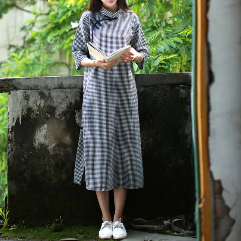 新中式连衣裙女装夏季中长款文艺显瘦黑白格子撞色棉麻日常旗袍裙