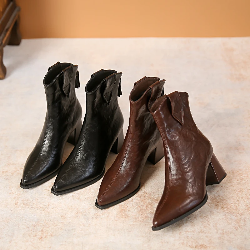 34-43法式粗跟尖头方跟高跟鞋2024秋冬加绒复古百搭气质时装短靴