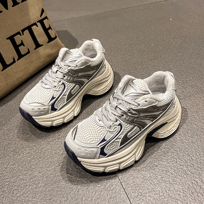 厚底百搭网面透气老爹鞋女2024秋冬爆款加绒保暖运动休闲跑步鞋