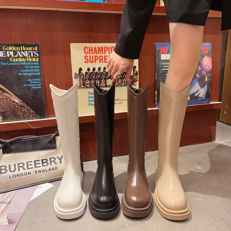 时尚经典厚底高筒靴子女新款小个子百搭英伦风靴加绒长筒切尔西靴