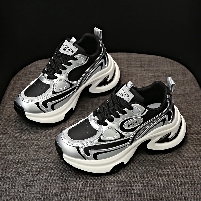 升级版银黑色休闲老爹鞋女2024秋季新款厚底增高炸街潮流运动鞋