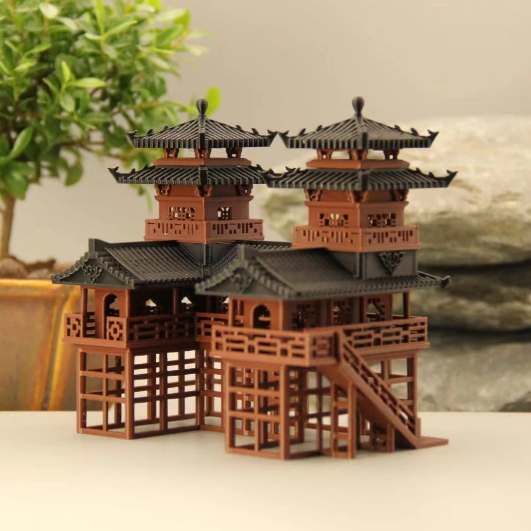 双子楼造景微景观生态大号古风建筑摆件模型水陆缸假山制作氛围