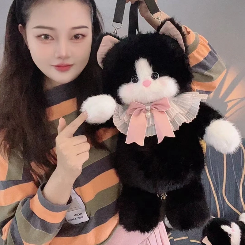 美盛匠新会跑步的猫咪包包毛绒公仔双肩包女生玩偶布娃娃生日礼物