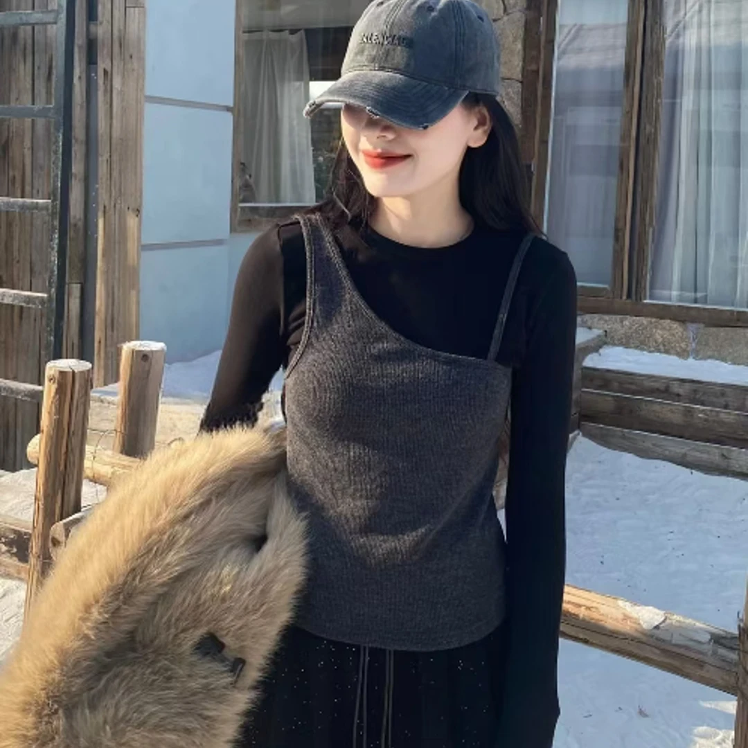 艺等YIDENG自制【叠穿感】时尚简约磨毛假两件针织显瘦外穿打底上衣