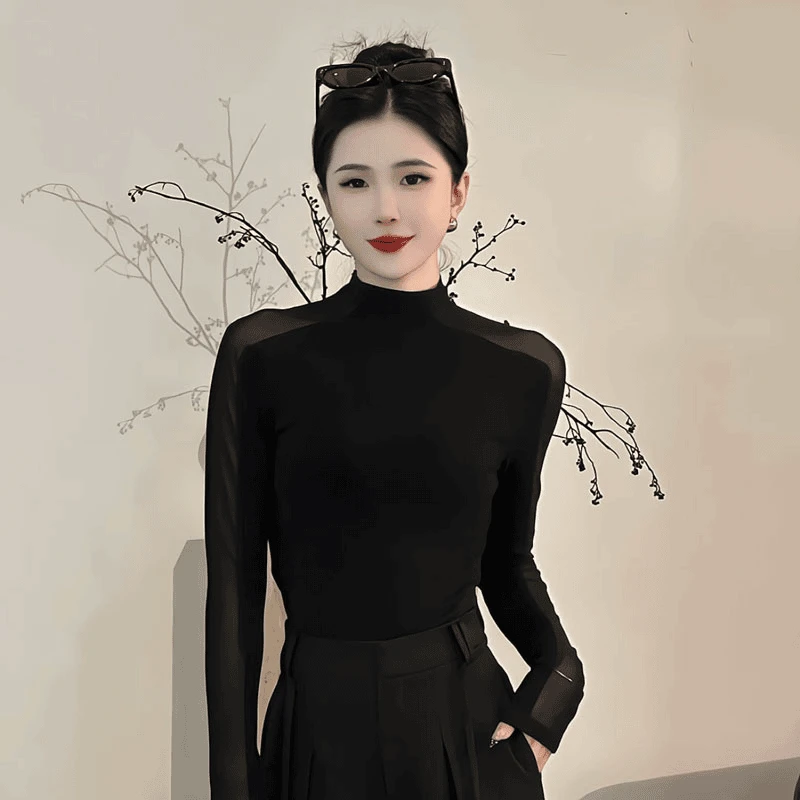 【黑金派对】新款半高领网纱拼接长袖打底T恤女秋季设计感百搭上