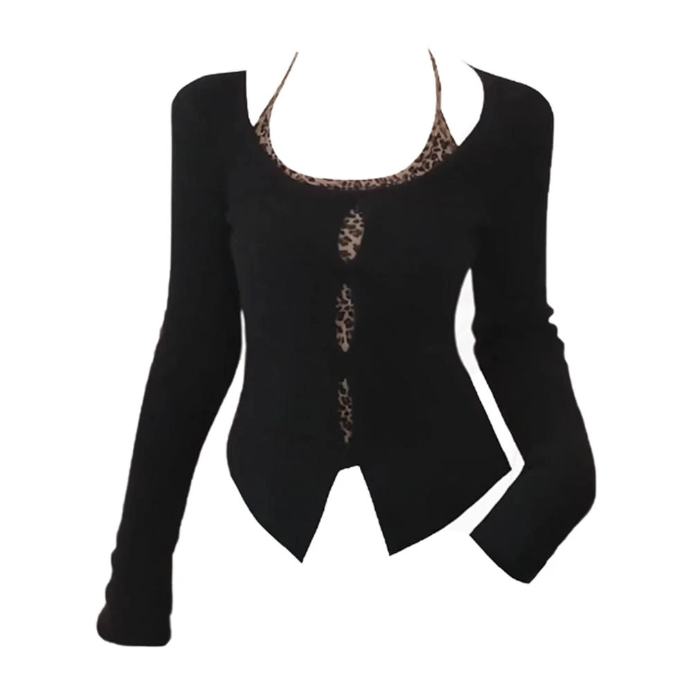 纯欲风长袖针织开衫两件套女秋季2024新款豹纹挂脖内搭叠穿上衣