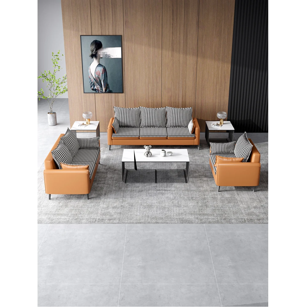 金鸾办公沙发茶几组合套装商务接待会客皮艺沙发千鸟格简约现代