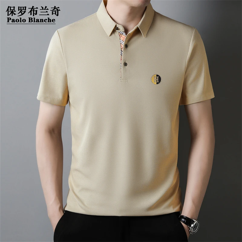 保罗布兰奇2025夏季男短袖POLO衫翻领纯色T恤宽松薄款休闲体恤衫