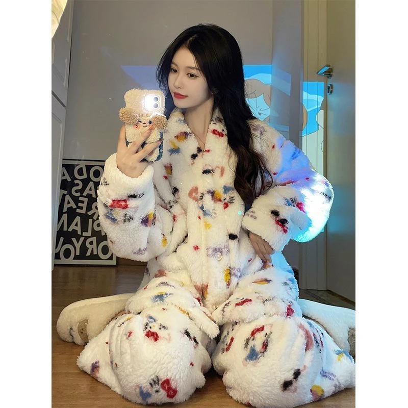 可爱kt猫韩国珊瑚绒睡衣女士秋冬季加绒加厚法兰绒家居服套装ins