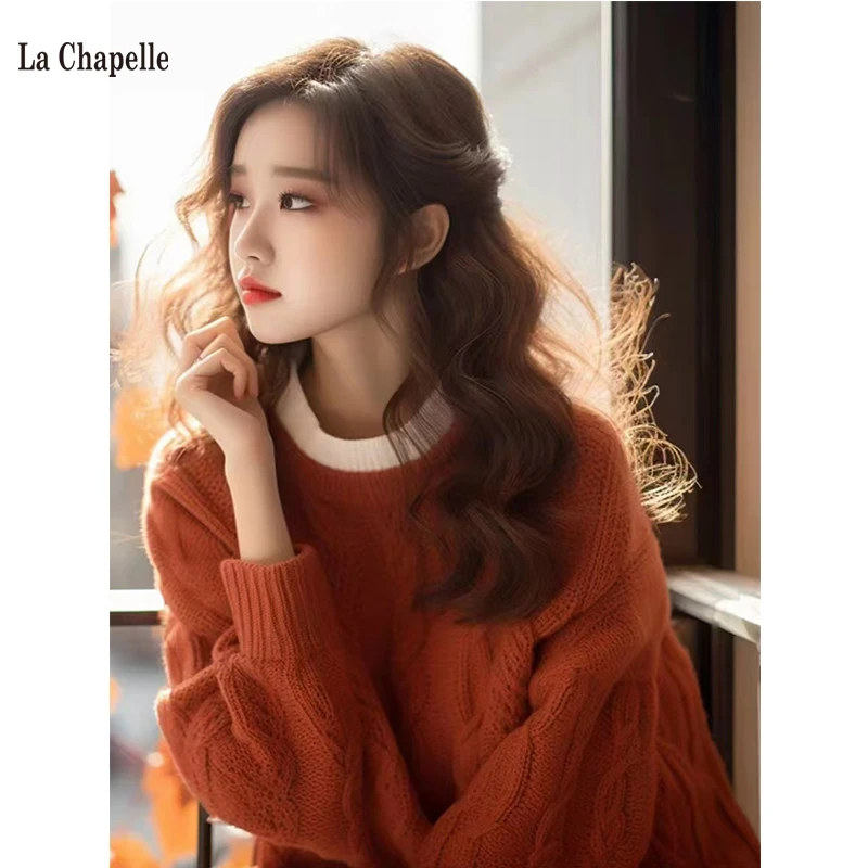 拉夏贝尔橘红色圆领针织衫毛衣女秋冬内搭小香风学生外穿宽松上衣