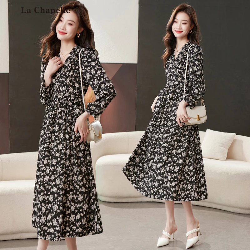 拉夏贝尔法式复古收腰连衣裙女春秋季新款气质显瘦黑色碎花裙子