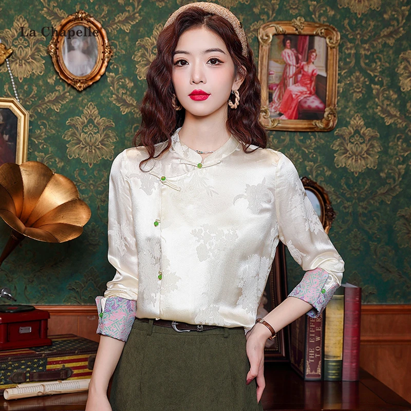 拉夏贝尔新中式提花缎面衬衫女2025春季新款国风小衫显瘦盘扣上衣