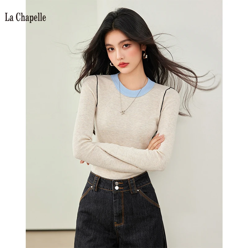拉夏贝尔圆领长袖针织衫女2024秋简约软糯显瘦百搭修身打底上衣女