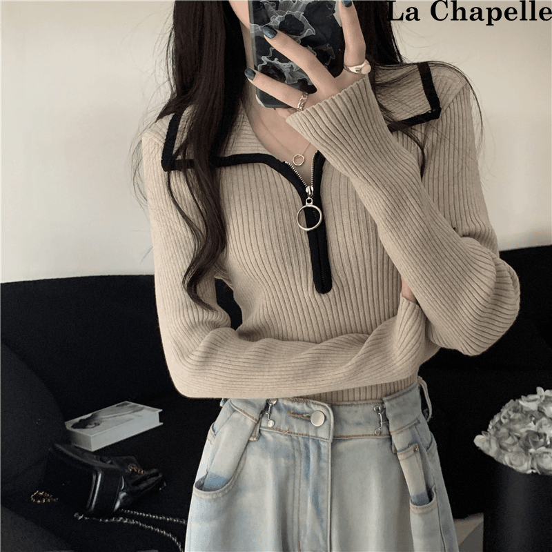 拉夏贝尔polo领拉链针织衫女秋冬新款翻领内搭针织衫短款长袖毛衣