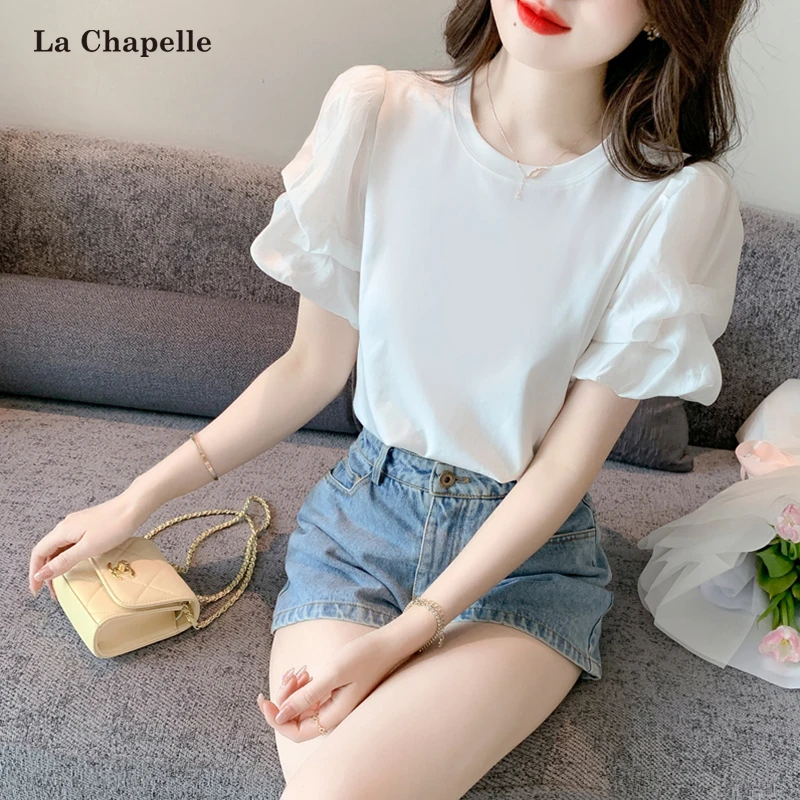 拉夏贝尔白色泡泡袖T恤女2025夏季新款设计感小众宽松短袖上衣