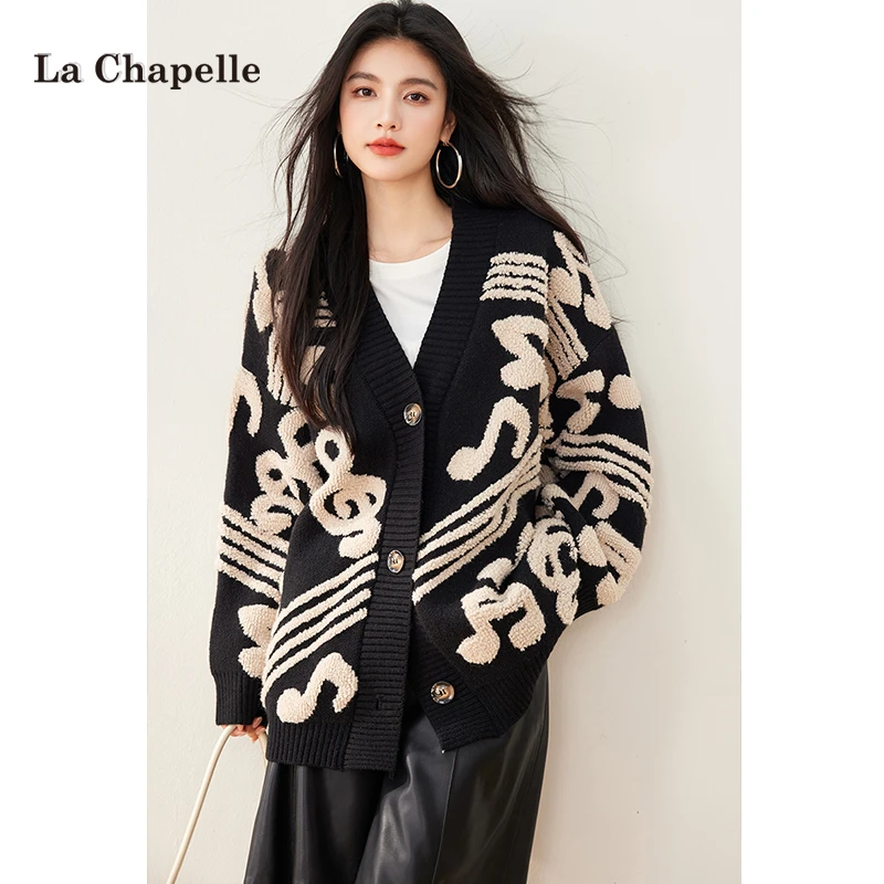 拉夏贝尔长袖音符撞色针织衫女毛衣秋冬季宽松慵懒风外穿开衫上衣