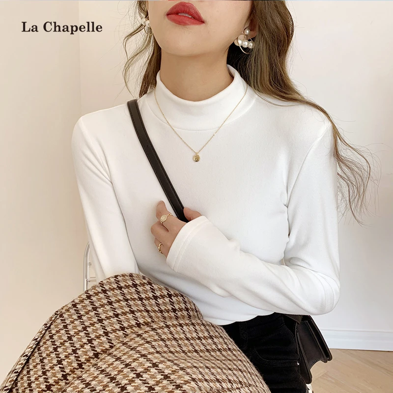 拉夏贝尔德绒半高领打底衫女秋冬季内搭加绒加厚磨毛百搭长袖上衣