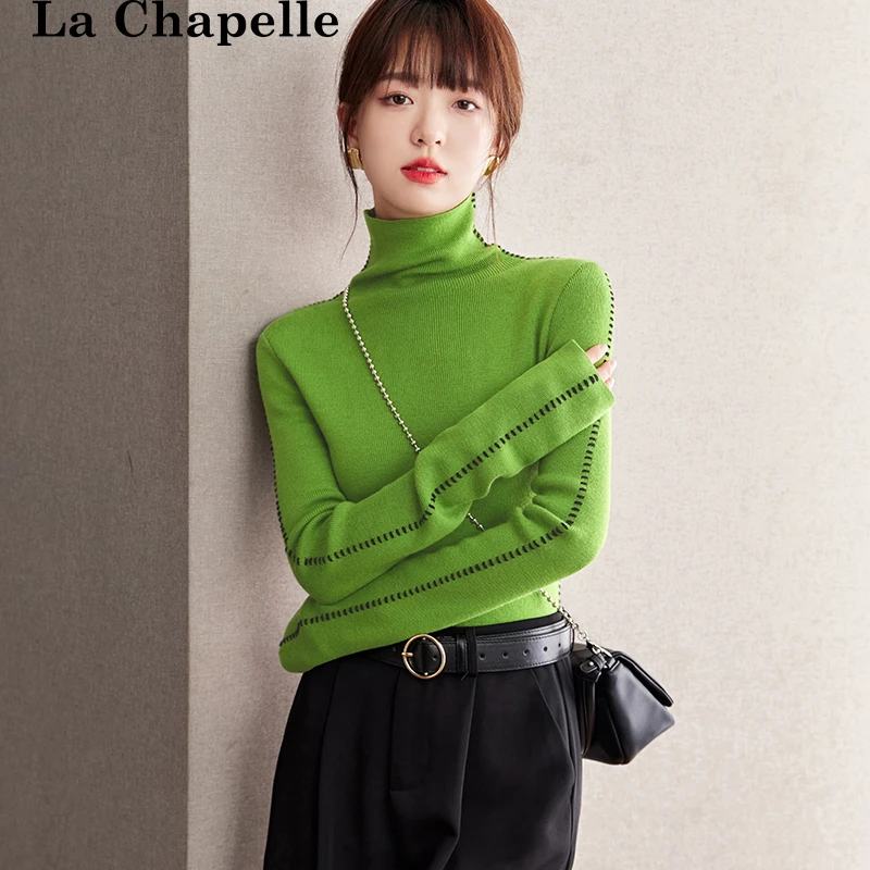 拉夏贝尔高领长袖针织衫女秋冬款明线撞色设计感修身内搭上衣毛衣
