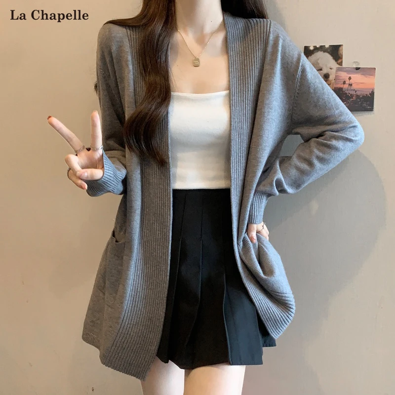 拉夏贝尔高级感披肩针织衫女春秋装胖mm外搭中长款毛衣开衫上衣