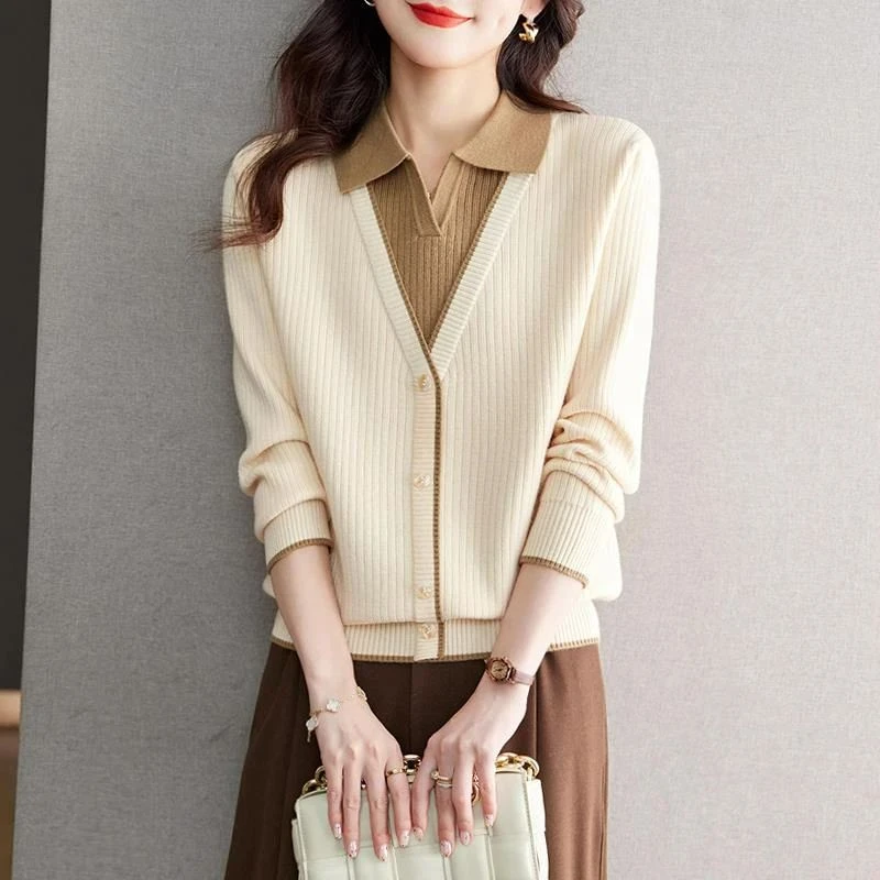 拉夏贝尔假两件针织衫女秋冬高级感气质翻领内搭长袖打底衫毛衣