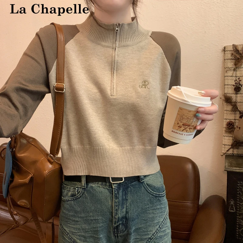 拉夏贝尔短款毛衣女秋冬季宽松网红款套头立领百搭上衣长袖针织衫