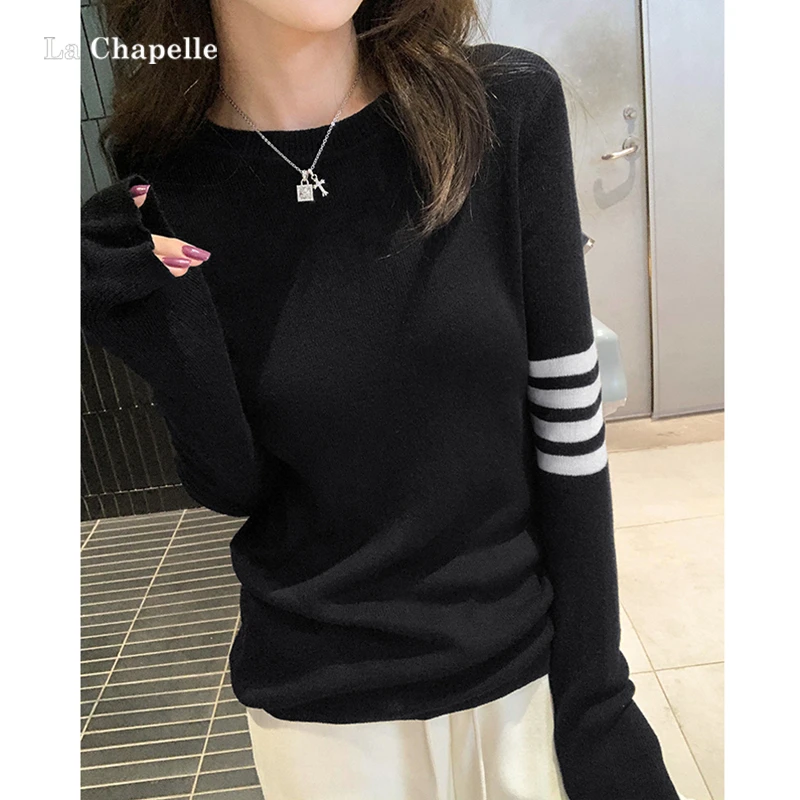 拉夏贝尔内搭打底针织衫女秋冬2024新款学院风修身长袖条纹上衣
