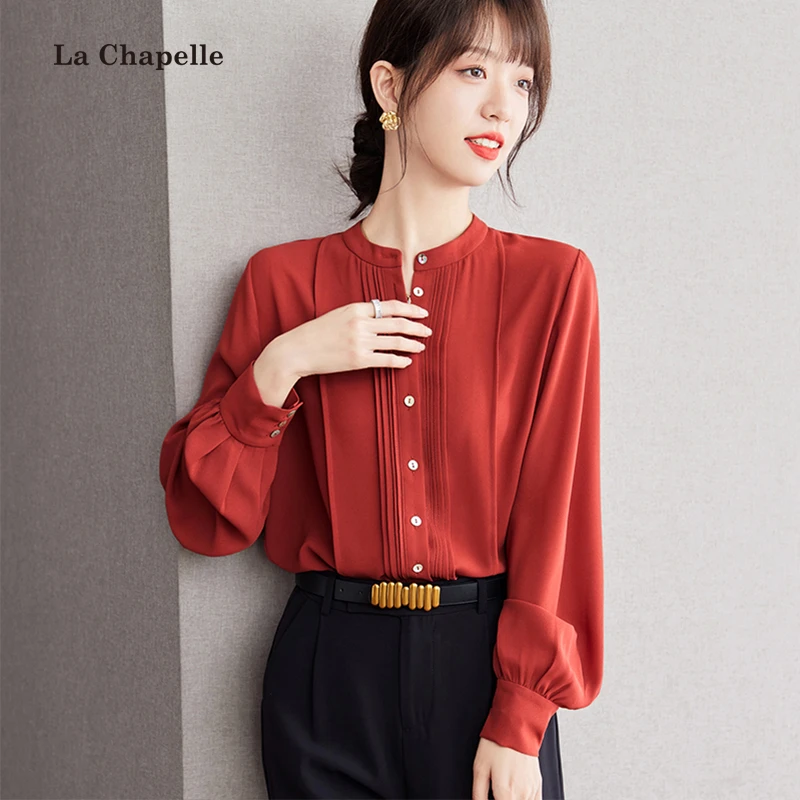 拉夏贝尔砖红色雪纺垂感衬衫女秋季2024新款宽松长袖衬衣上衣
