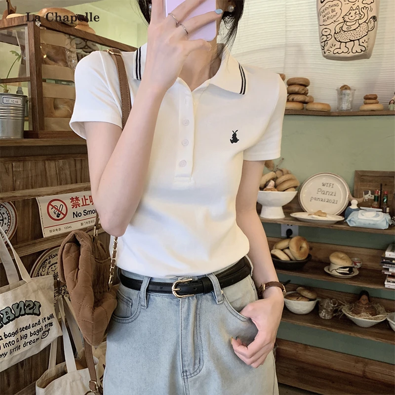 拉夏贝尔polo领白色短袖T恤女百搭设计感韩版修身显瘦气质上衣