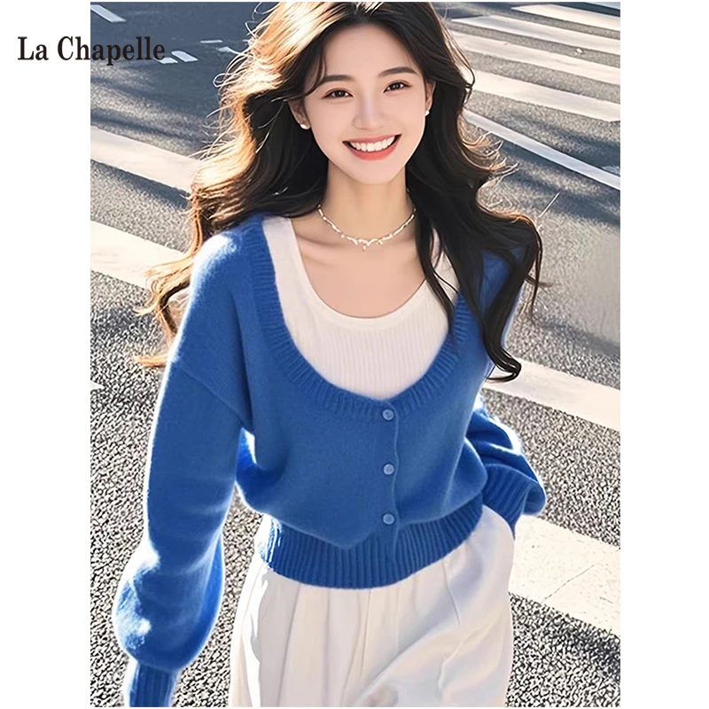 拉夏贝尔韩系假两件针织衫女2025春季新款时尚洋气休闲毛衣上衣