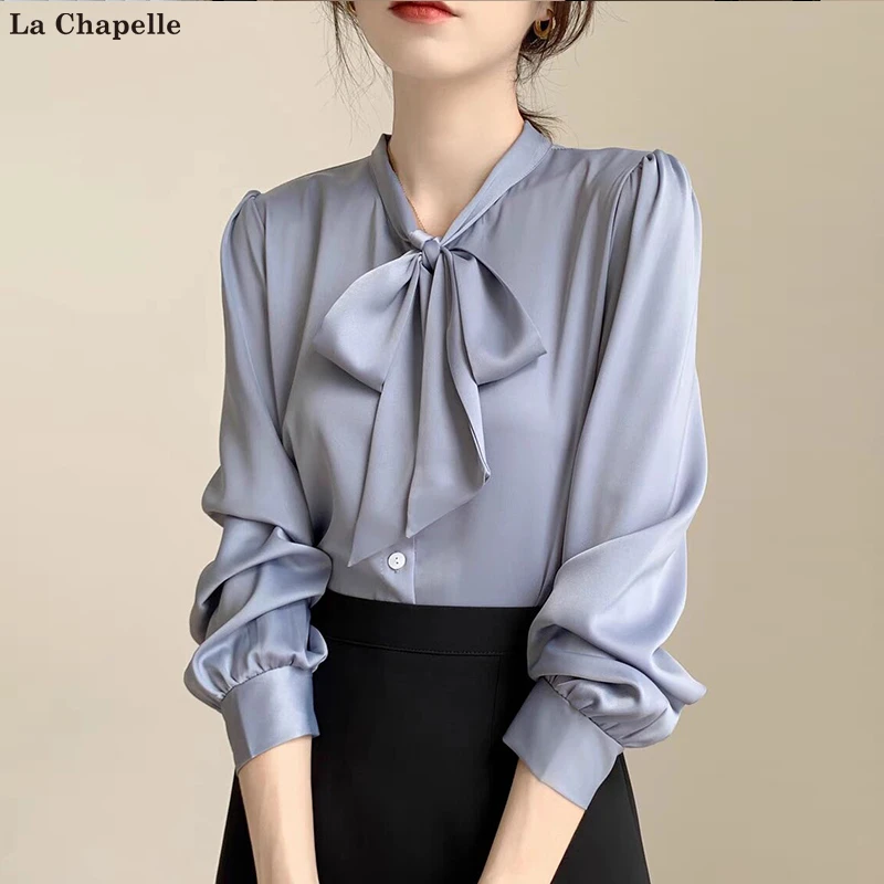 拉夏贝尔蝴蝶结长袖衬衫女设计感小众职业气质衬衣缎面系带上衣