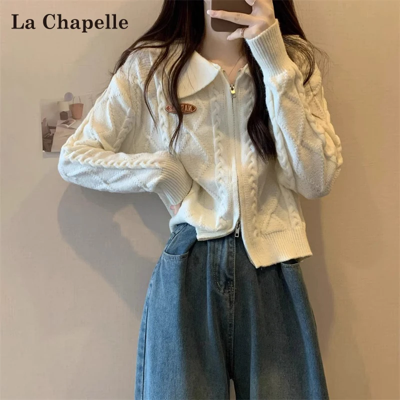拉夏贝尔针织开衫女春秋2024新款Polo领韩版修身白色拉链上衣外套