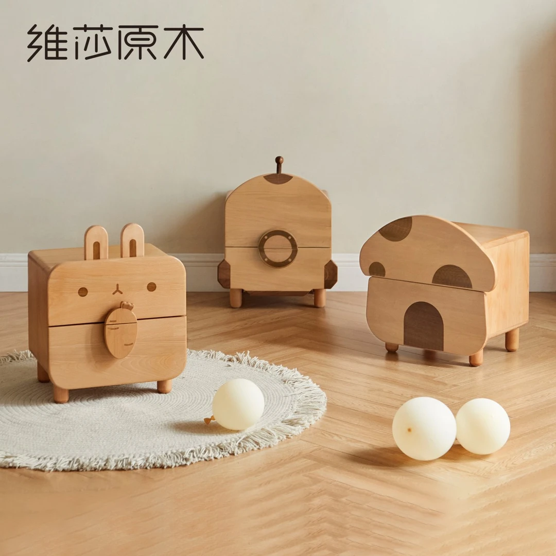 [清]维莎实木儿童床头柜家用卡通储物柜可爱床边柜置物柜W21FE08