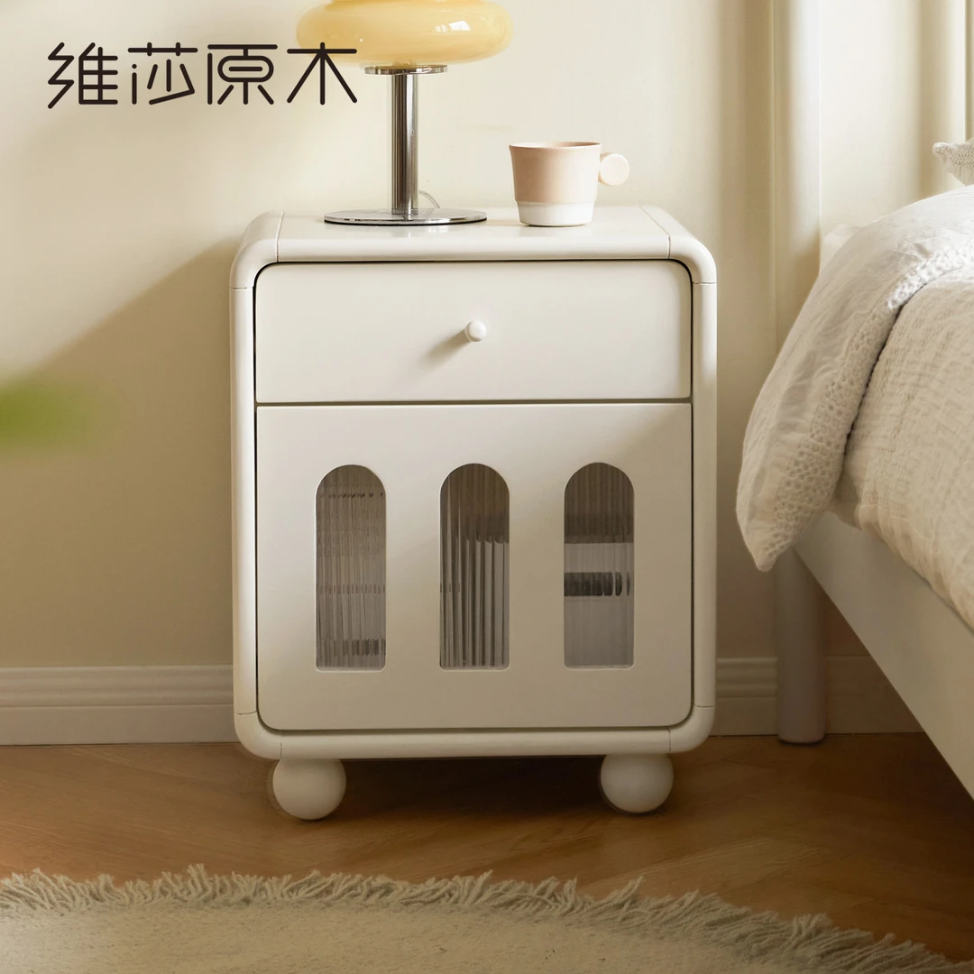 【下架】源氏木语x维莎全实木床头柜柜奶油风白色床边柜J01F02