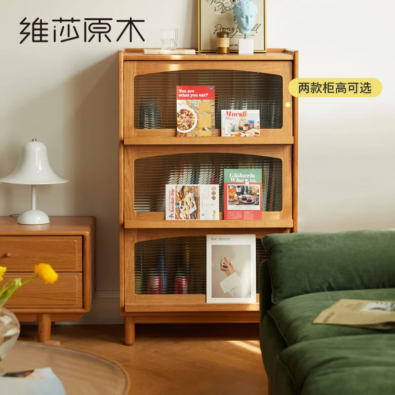 [清]维莎实木书柜防尘玻璃翻门樱桃木储物柜现代简约展示柜Y01W01