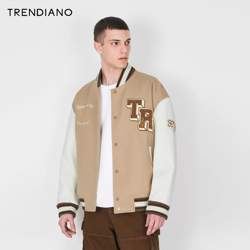 TRENDIANO官方PU皮拼接美式棒球服夹克外套男士休闲新款冬季宽松