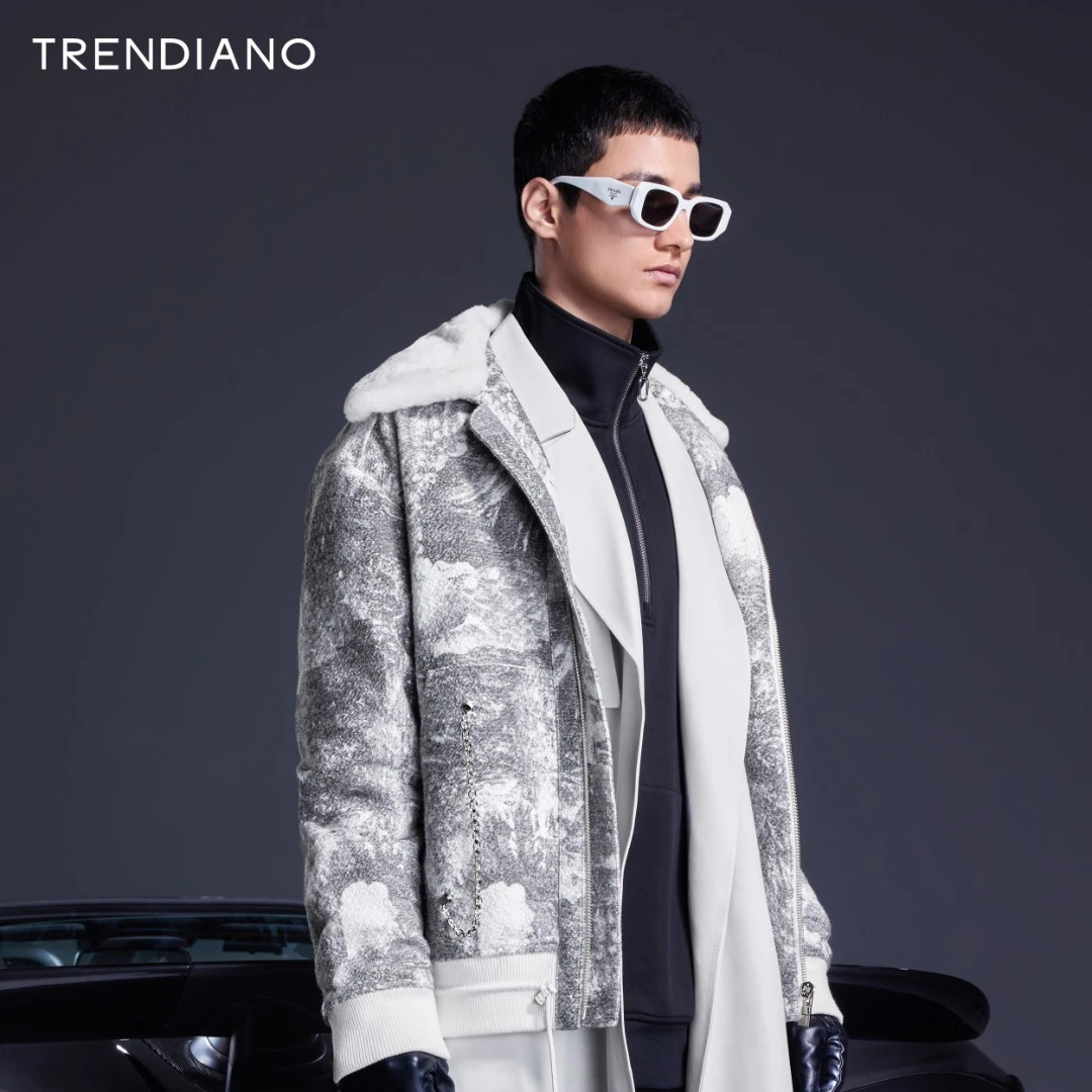 TRENDIANO欧时力男装毛领链条亮丝毛呢时尚印花外套3NE4342900