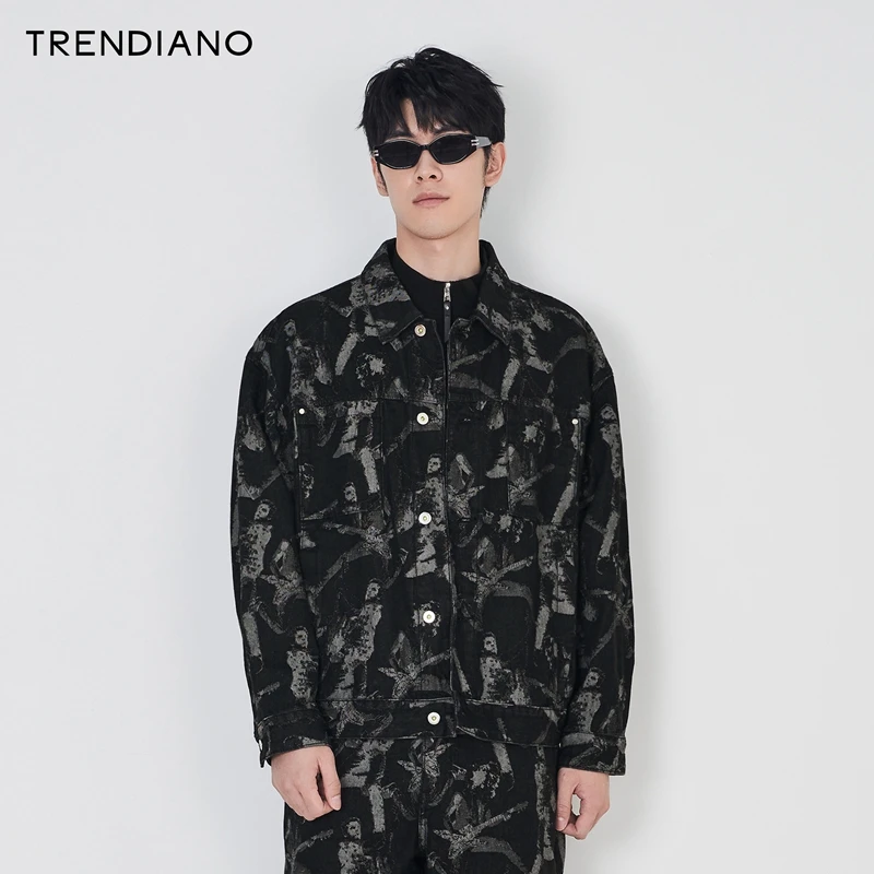 TRENDIANO官方复古人物提花微阔纯棉牛仔外套男潮2023新款秋季