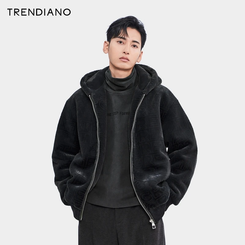 TRENDIANO官方提花加厚连帽外套男潮2023新款冬季潮流保暖
