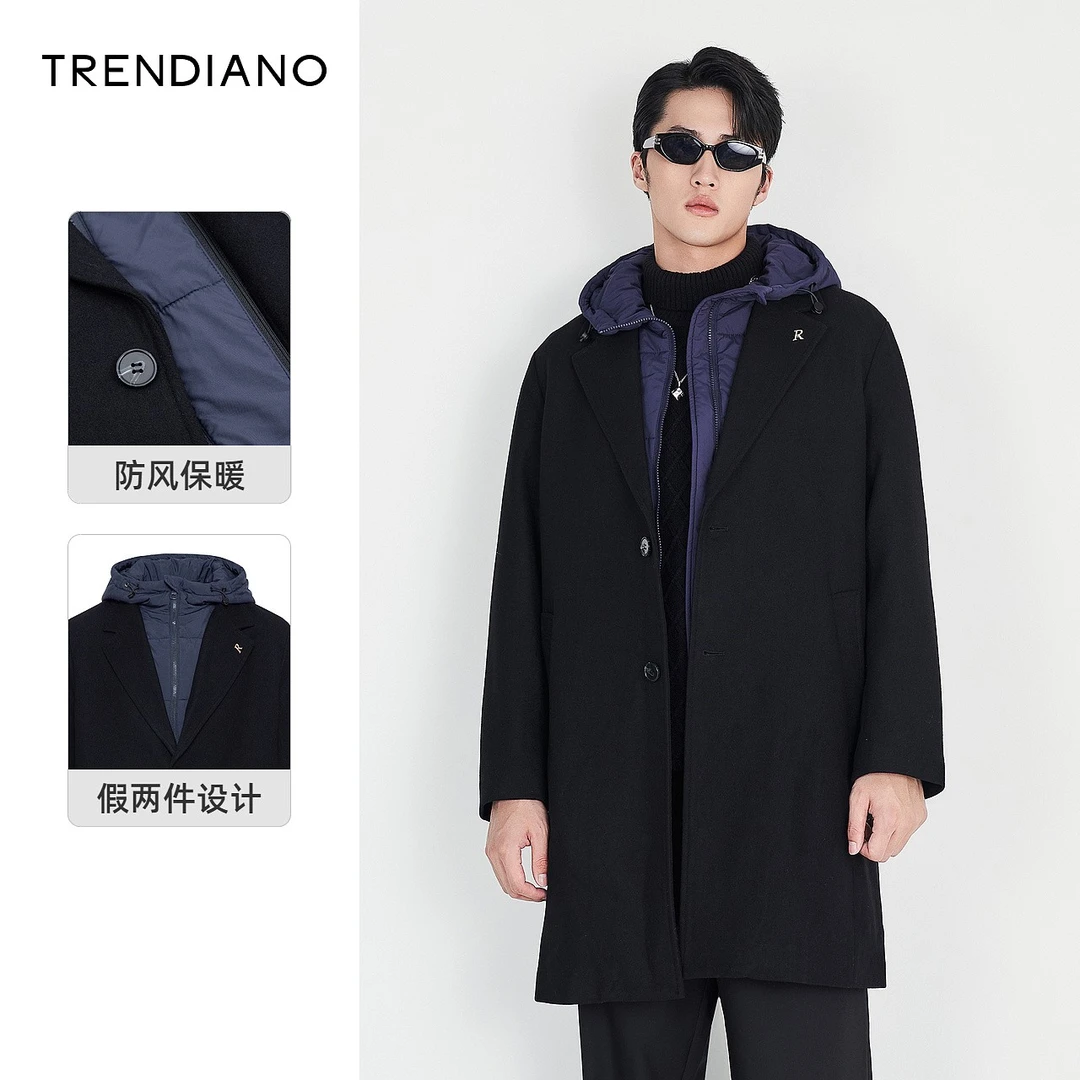 TRENDIANO欧时力男装秋季新款假两件毛呢大衣长款外套3WC334306P