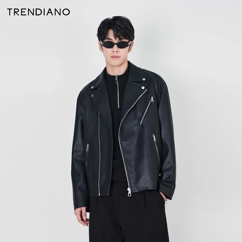 TRENDIANO官方金属斜拉链仿PU皮衣外套机车夹克男2023新款秋季
