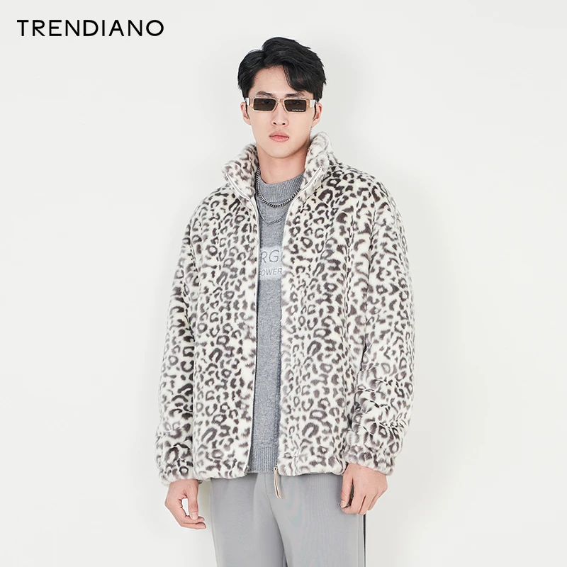 TRENDIANO官方男装冬季新款豹纹外套男慵懒轻奢休闲立领