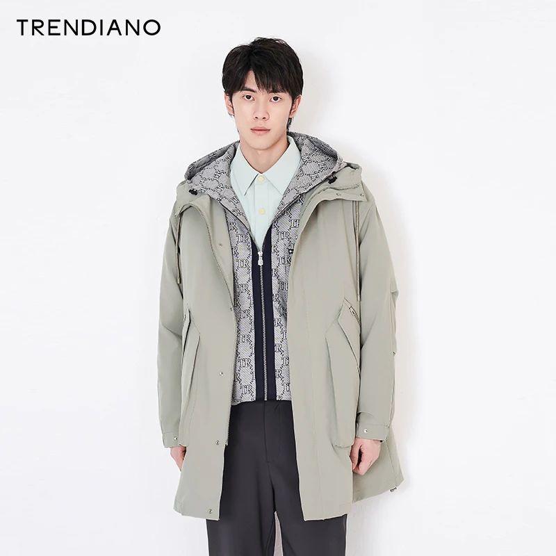 TRENDIANO官方潮牌秋冬男装时尚简约可拆卸内胆夹棉连帽长外套男
