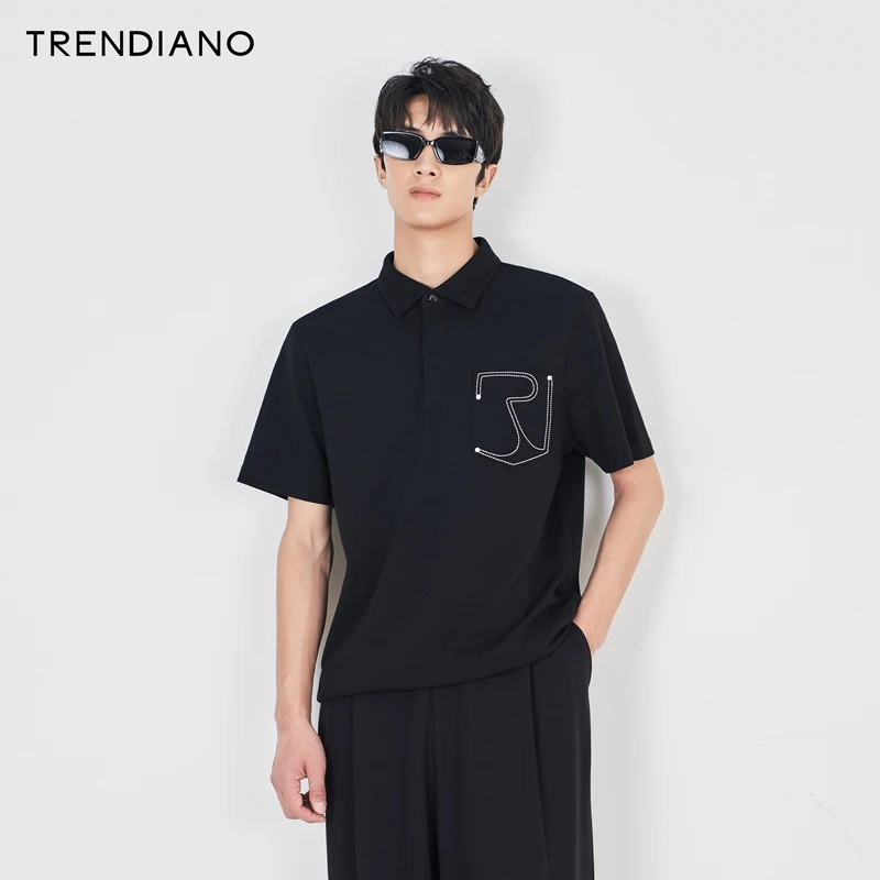 TRENDIANO官方新款设计感线性刺绣短袖利落Polo衫男子经典