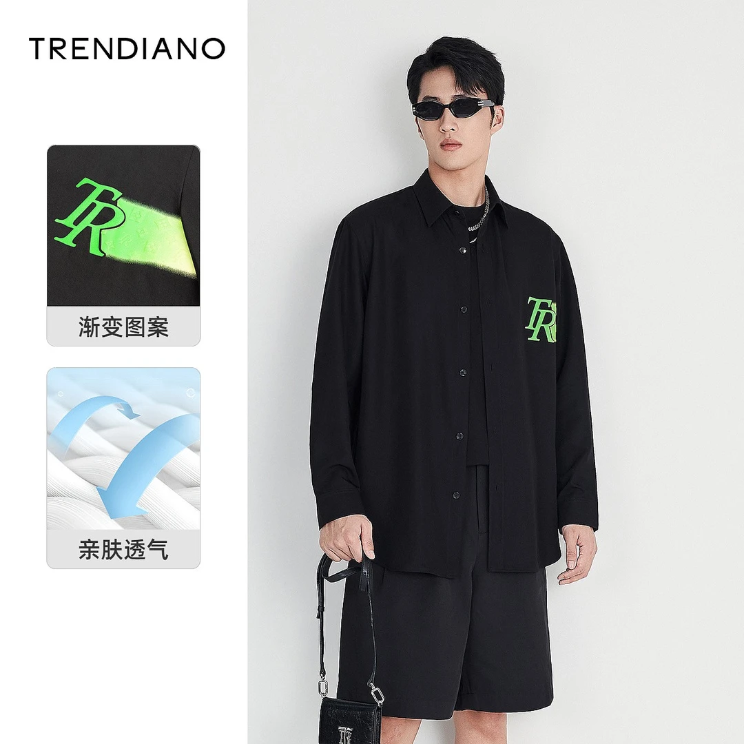 TRENDIANO欧时力男装秋季新款印花休闲长袖衬衫男3WC3011200潮流