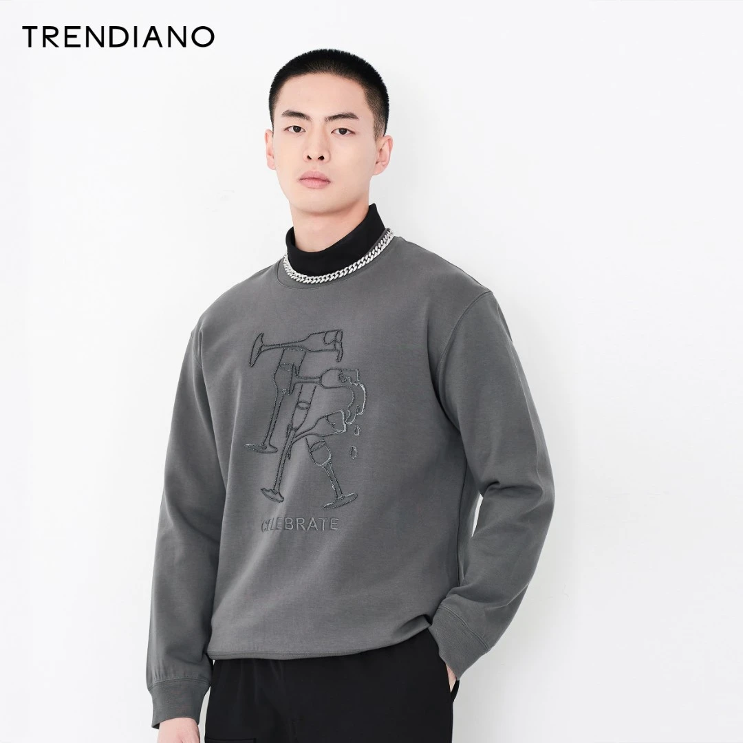 TRENDIANO欧时力男装时尚简约珠片刺绣圆领套头卫衣男3NE4102080